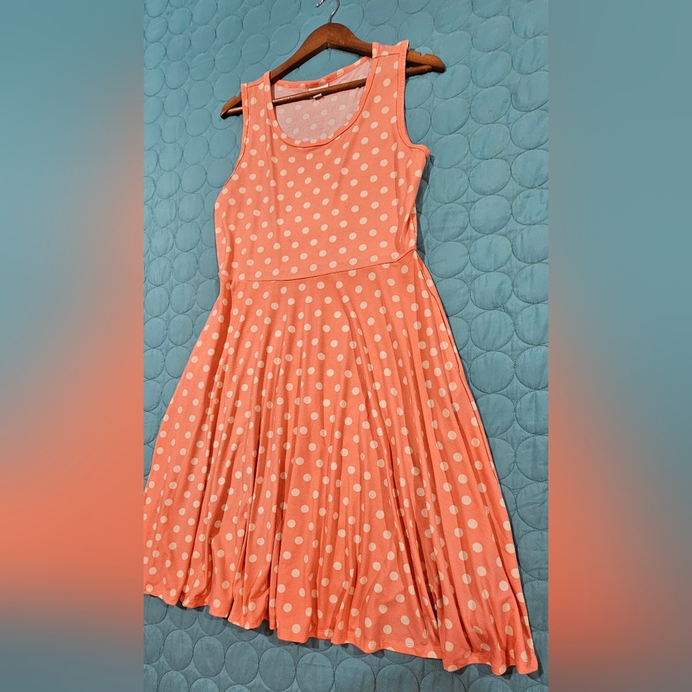 Lulu Roe Peach Polka Dot Fit & Flare Sleeveless Fun Dress Size L - Picture 2 of 4
